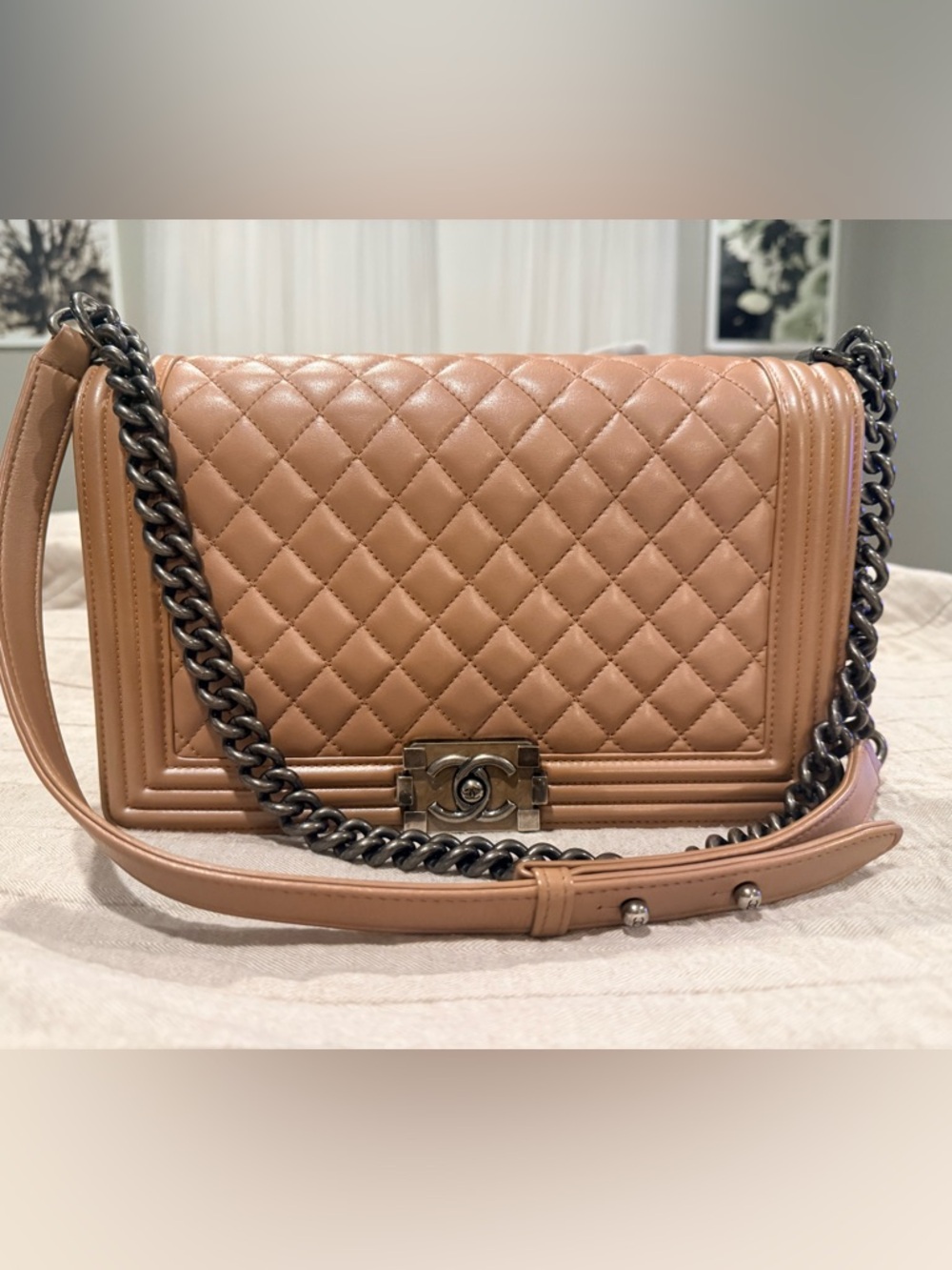 Chanel Quilted Leather Boy Bag in Iridescent Blush Beige Pink
